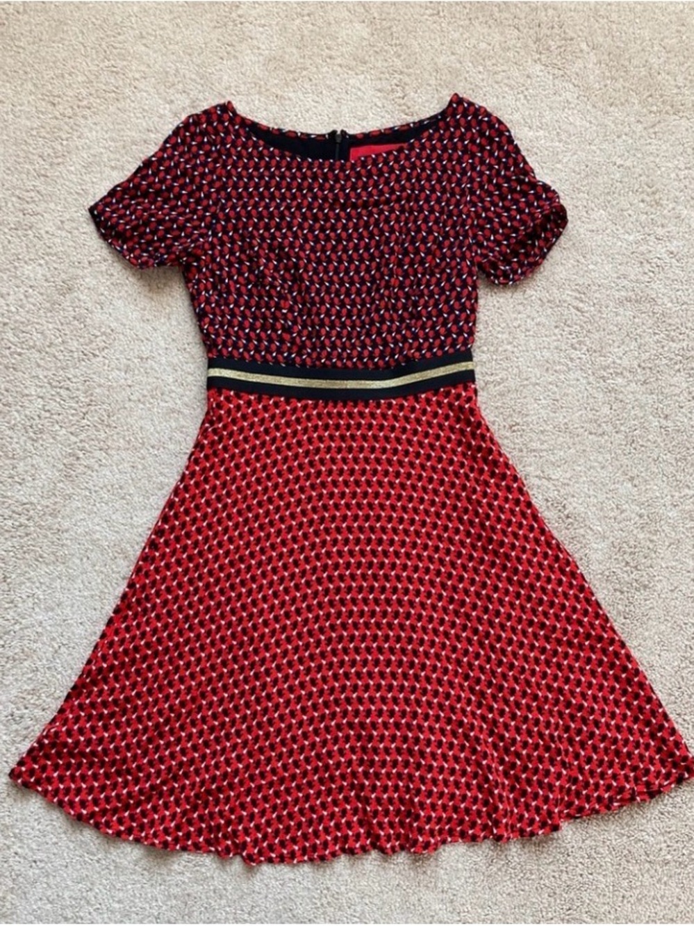 Anthropologie Maeve Res Patterned FitnFlare Dress with Black & Gold Waistband